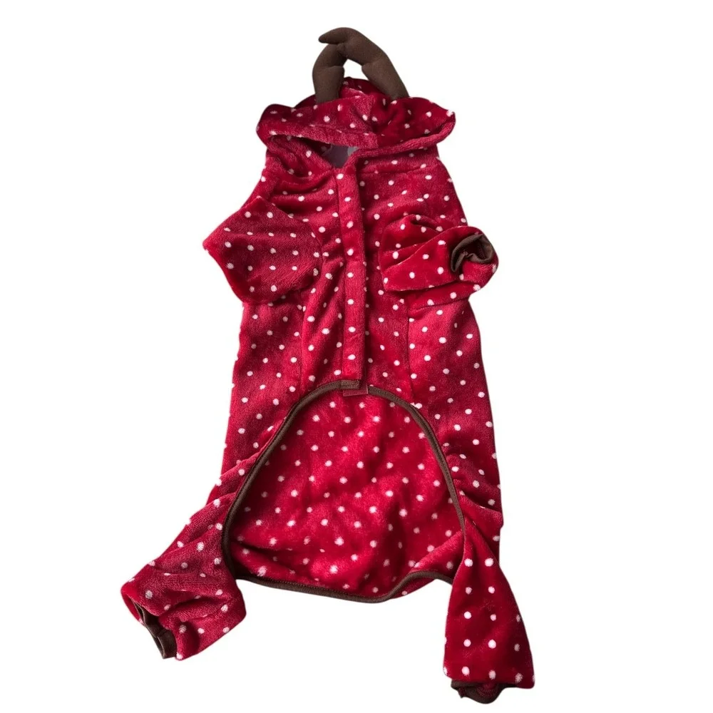 LuvGear Reindeer Dog Pajamas Overall Red Polka Dot Antlers Christmas Size S NWOT